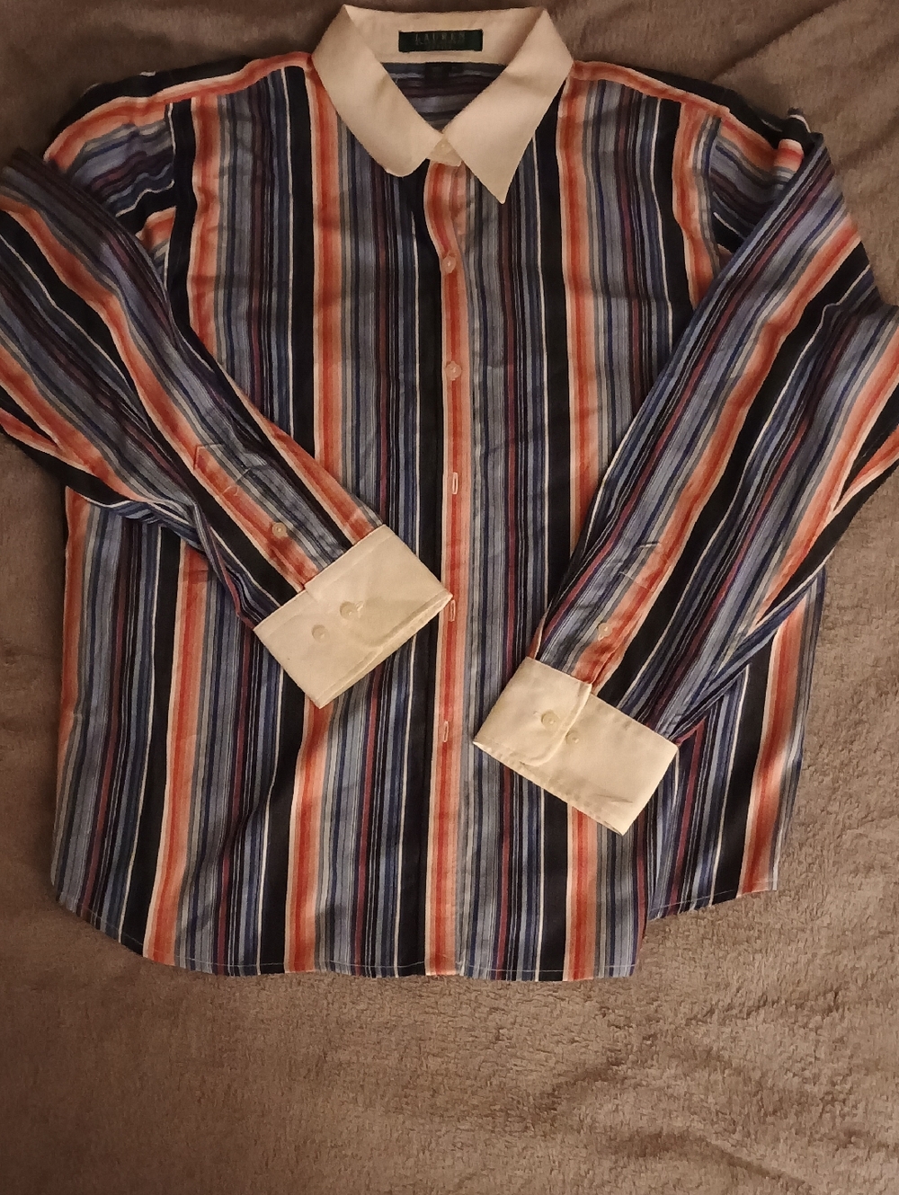 Striped Long-Sleeve Button-Up Shirt in Blue, Orange and White